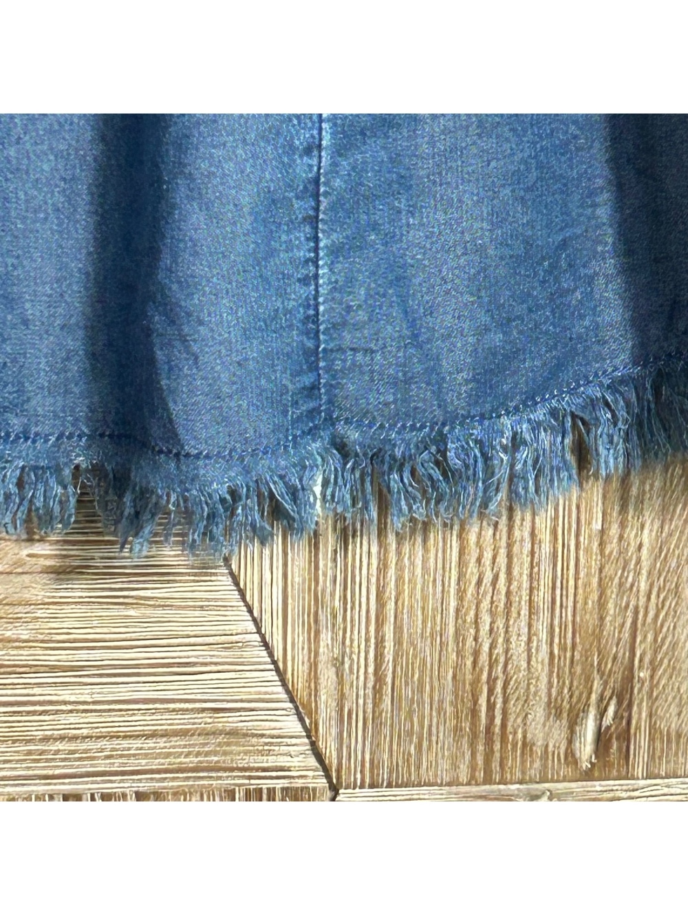 Downeast Retro Blue Modest Midi Boho Skirt Large Button Front Fringe Raw Hem - Picture 2 of 10